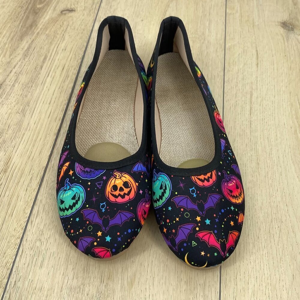 Halloween Pumpkins & Bats Ballet Flats Shoes Sz 10​​​​​